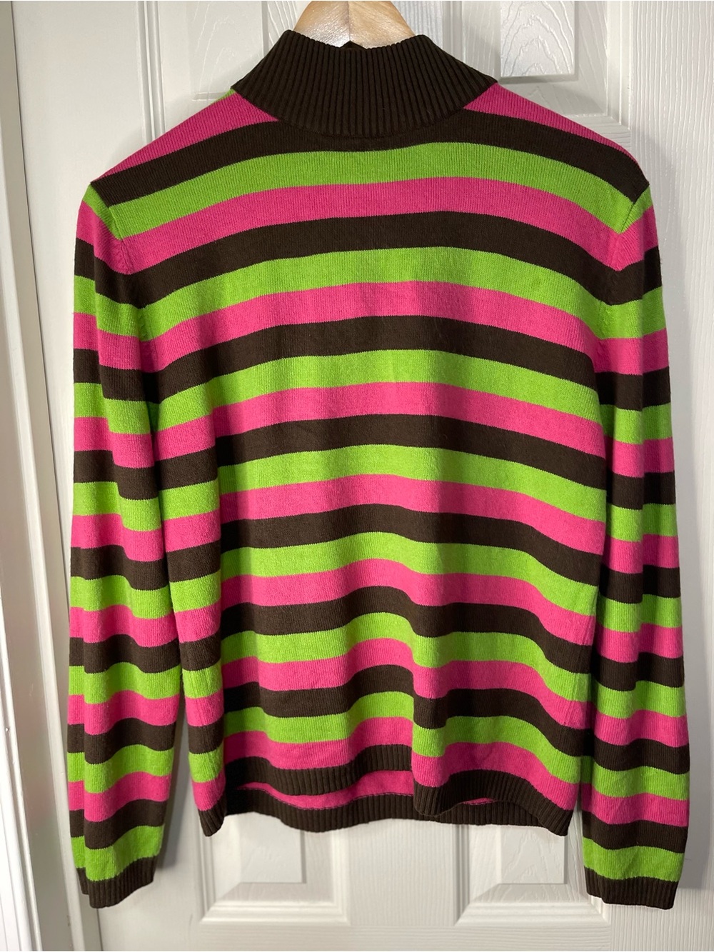 Vintage Brown Pink Green Stripe Kid Core Retro 1/4 Zip Back Mock Neck Sweater M